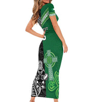 New Zealand And Ireland Rugby Custom Family Matching Short Sleeve Bodycon Dress and Hawaiian Shirt Maori Tiki With Shamrock