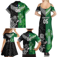 New Zealand And Ireland Rugby Custom Family Matching Summer Maxi Dress and Hawaiian Shirt Maori Tiki With Shamrock