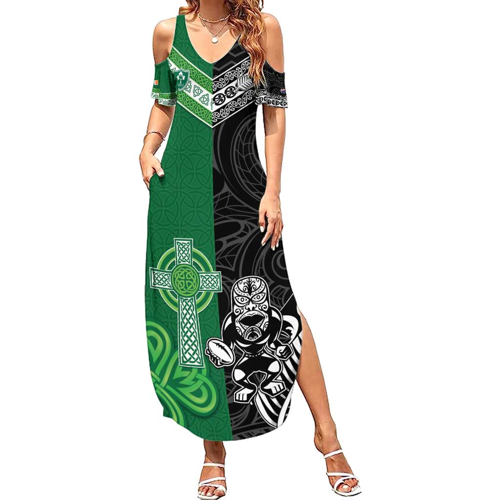 New Zealand And Ireland Rugby Custom Family Matching Summer Maxi Dress and Hawaiian Shirt Maori Tiki With Shamrock