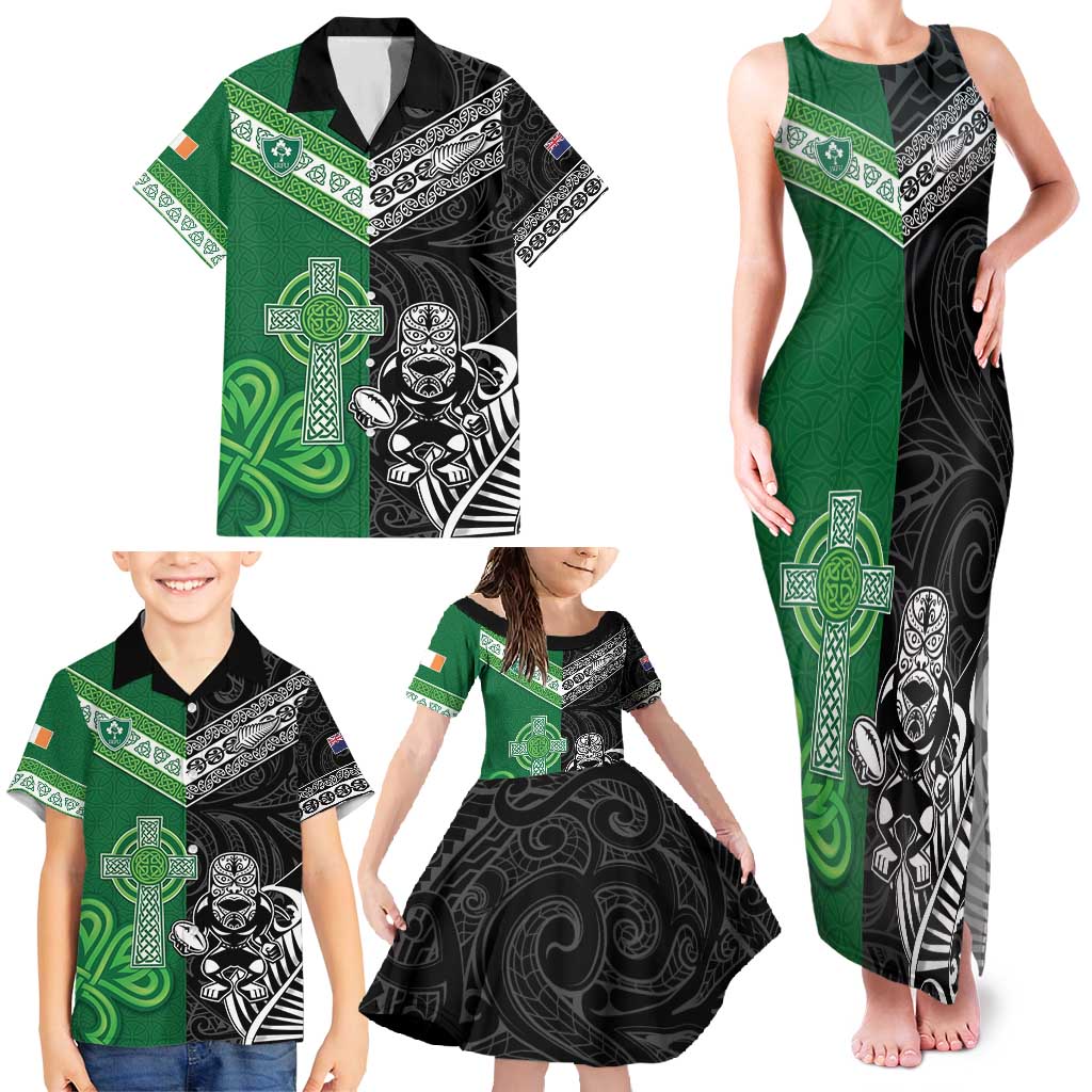 New Zealand And Ireland Rugby Custom Family Matching Tank Maxi Dress and Hawaiian Shirt Maori Tiki With Shamrock