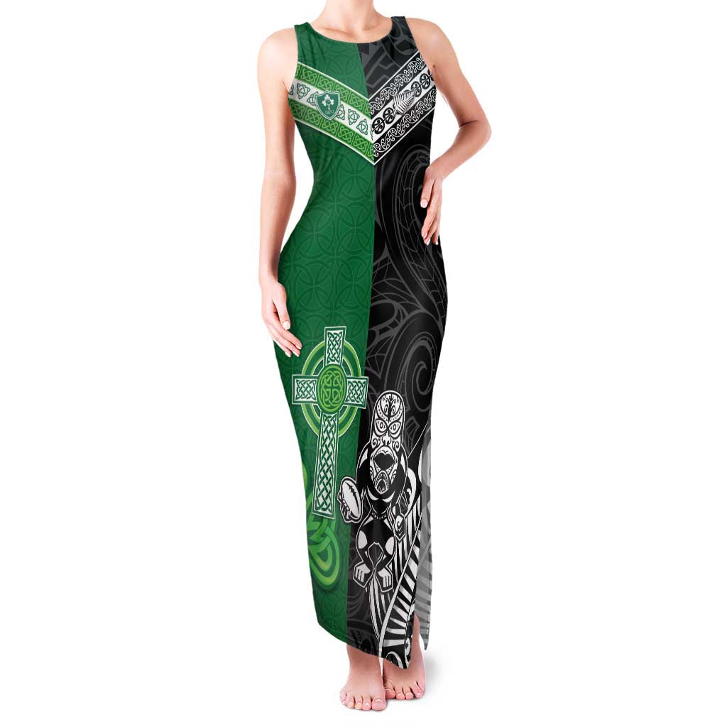 New Zealand And Ireland Rugby Custom Family Matching Tank Maxi Dress and Hawaiian Shirt Maori Tiki With Shamrock