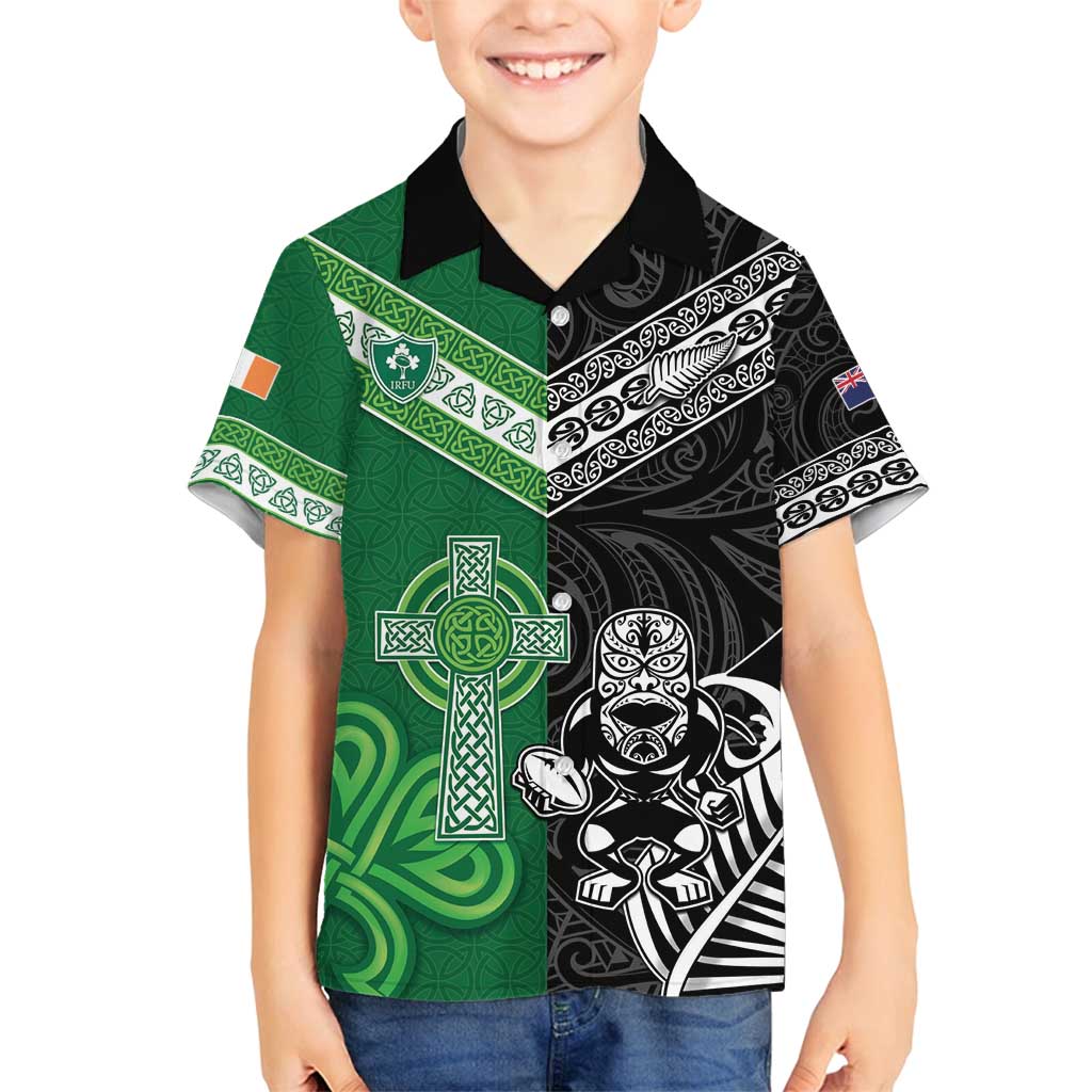 New Zealand And Ireland Rugby Custom Family Matching Tank Maxi Dress and Hawaiian Shirt Maori Tiki With Shamrock