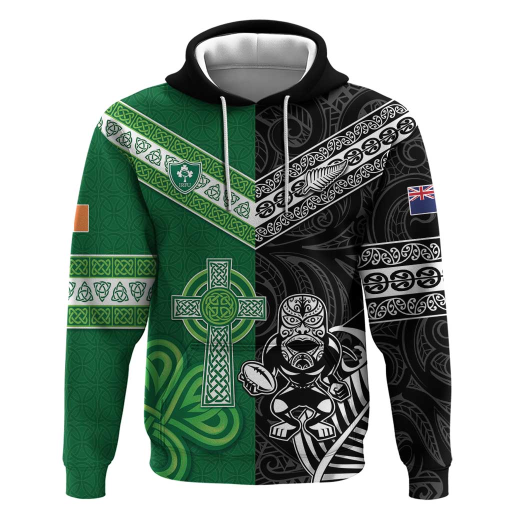 New Zealand And Ireland Rugby Custom Hoodie Maori Tiki With Shamrock