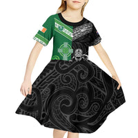 New Zealand And Ireland Rugby Custom Kid Short Sleeve Dress Maori Tiki With Shamrock