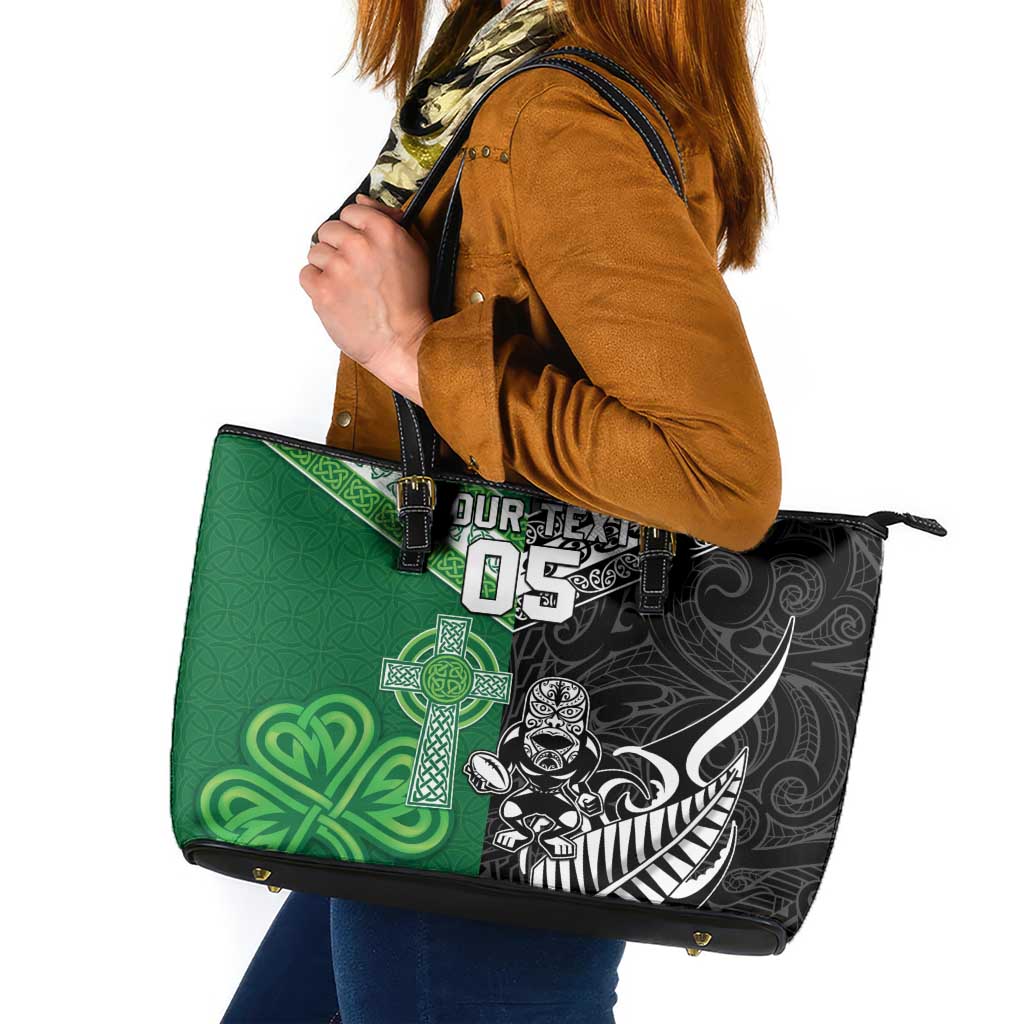 New Zealand And Ireland Rugby Custom Leather Tote Bag Maori Tiki With Shamrock