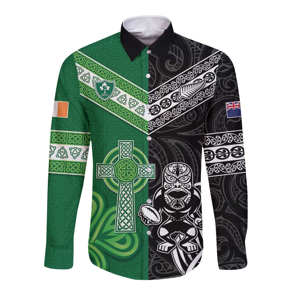 New Zealand And Ireland Rugby Custom Long Sleeve Button Shirt Maori Tiki With Shamrock