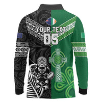 New Zealand And Ireland Rugby Custom Long Sleeve Polo Shirt Maori Tiki With Shamrock