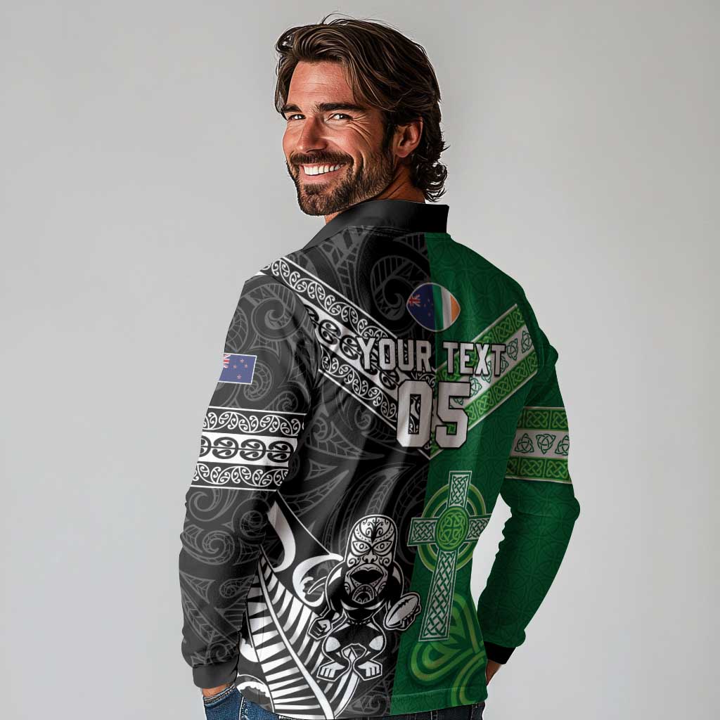 New Zealand And Ireland Rugby Custom Long Sleeve Polo Shirt Maori Tiki With Shamrock