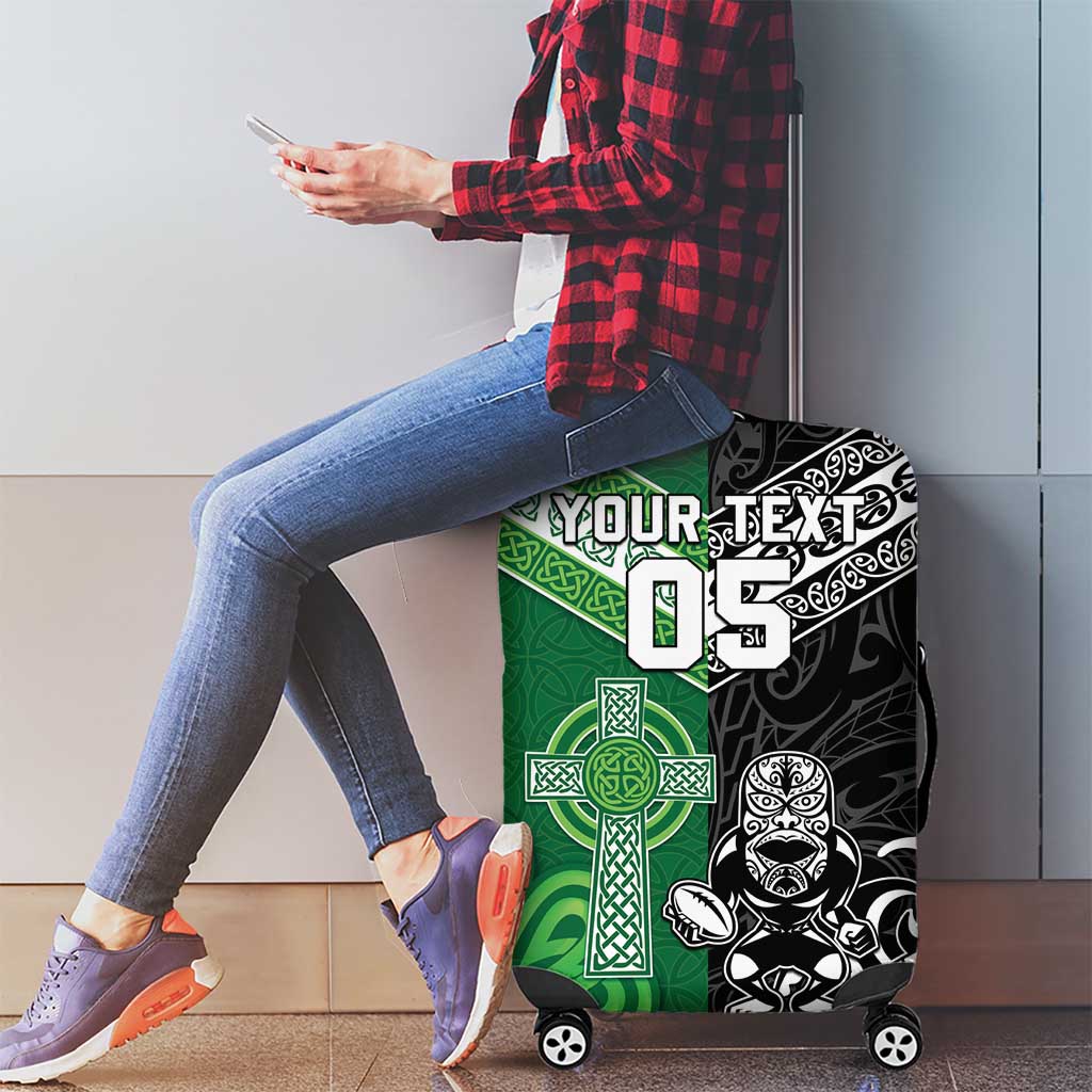 New Zealand And Ireland Rugby Custom Luggage Cover Maori Tiki With Shamrock