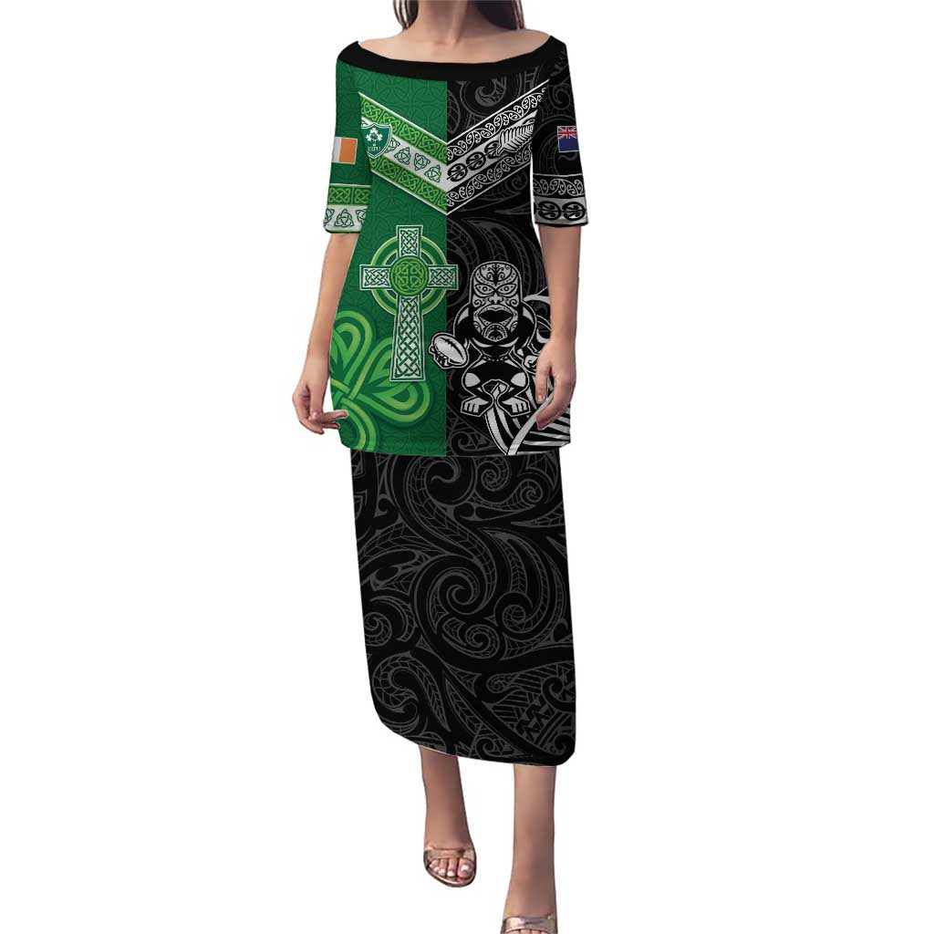 New Zealand And Ireland Rugby Custom Puletasi Maori Tiki With Shamrock