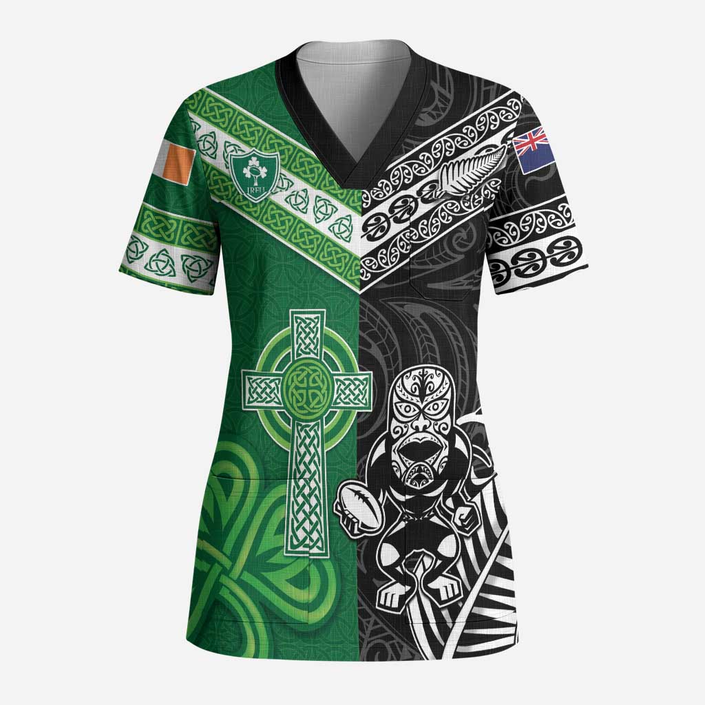 New Zealand And Ireland Rugby Custom Scrub Top Maori Tiki With Shamrock - Polynesian Pride