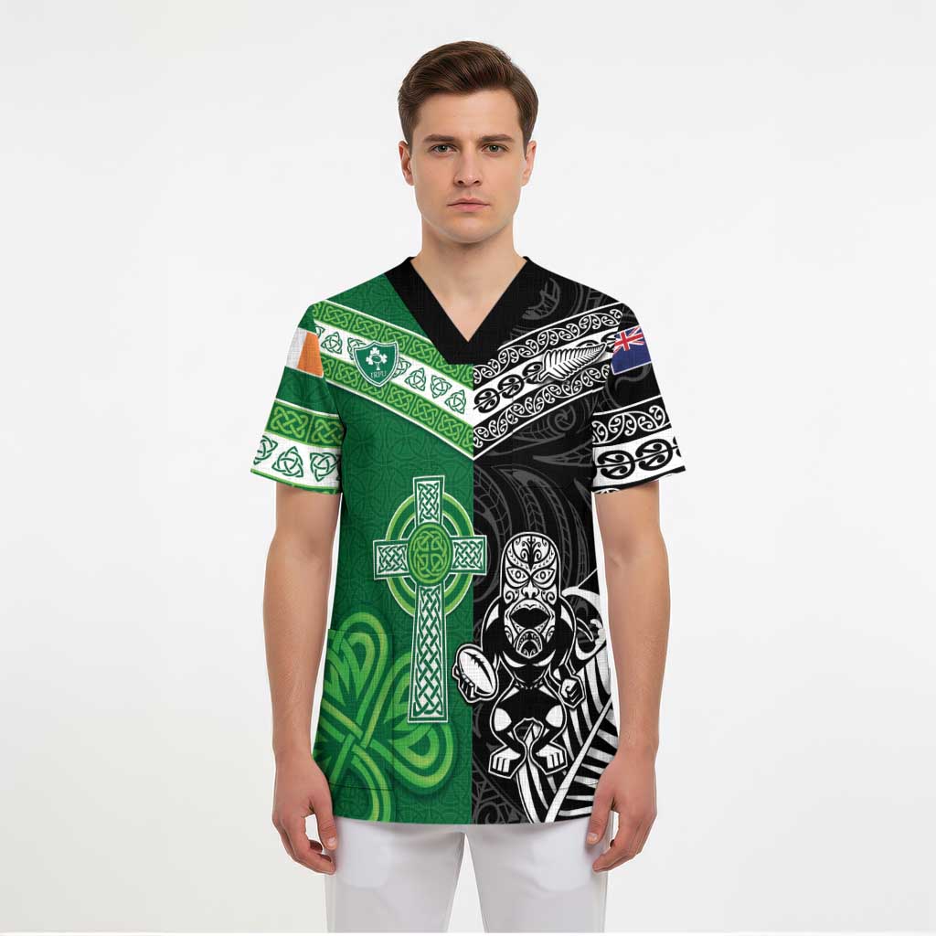New Zealand And Ireland Rugby Custom Scrub Top Maori Tiki With Shamrock - Polynesian Pride