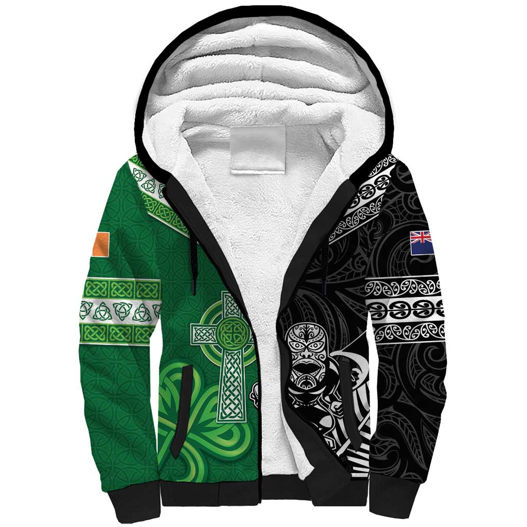 New Zealand And Ireland Rugby Custom Sherpa Hoodie Maori Tiki With Shamrock