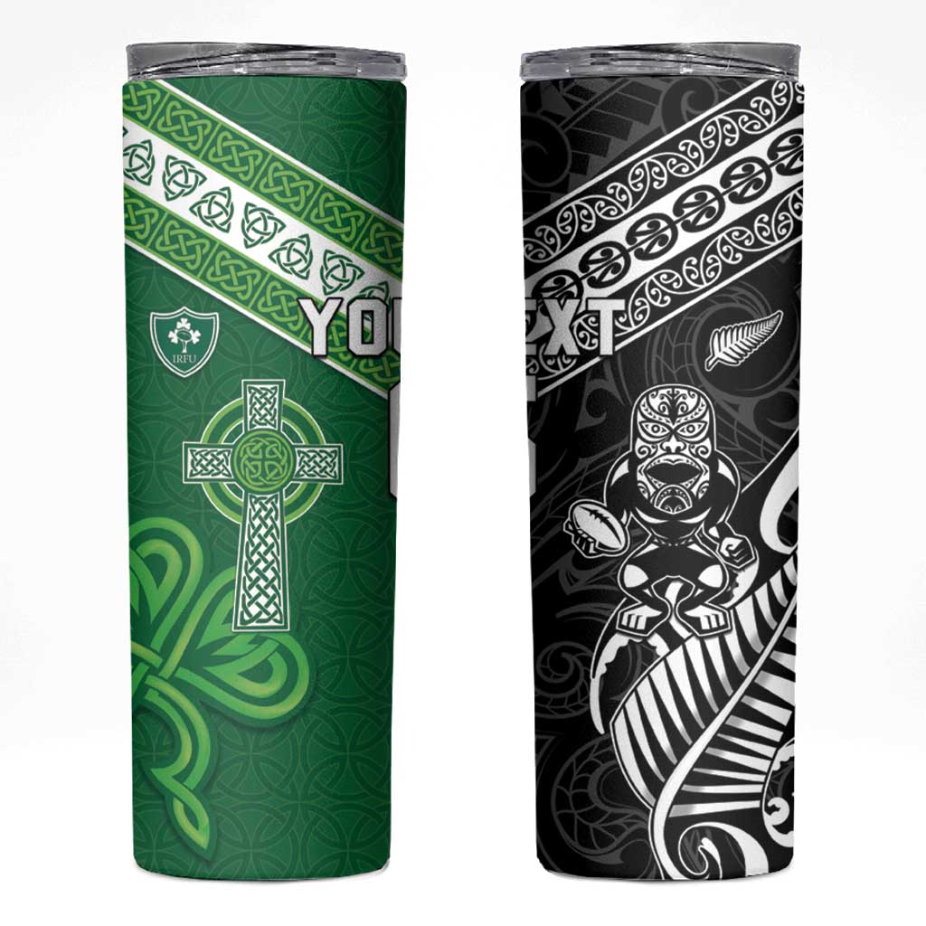 New Zealand And Ireland Rugby Custom Skinny Tumbler Maori Tiki With Shamrock