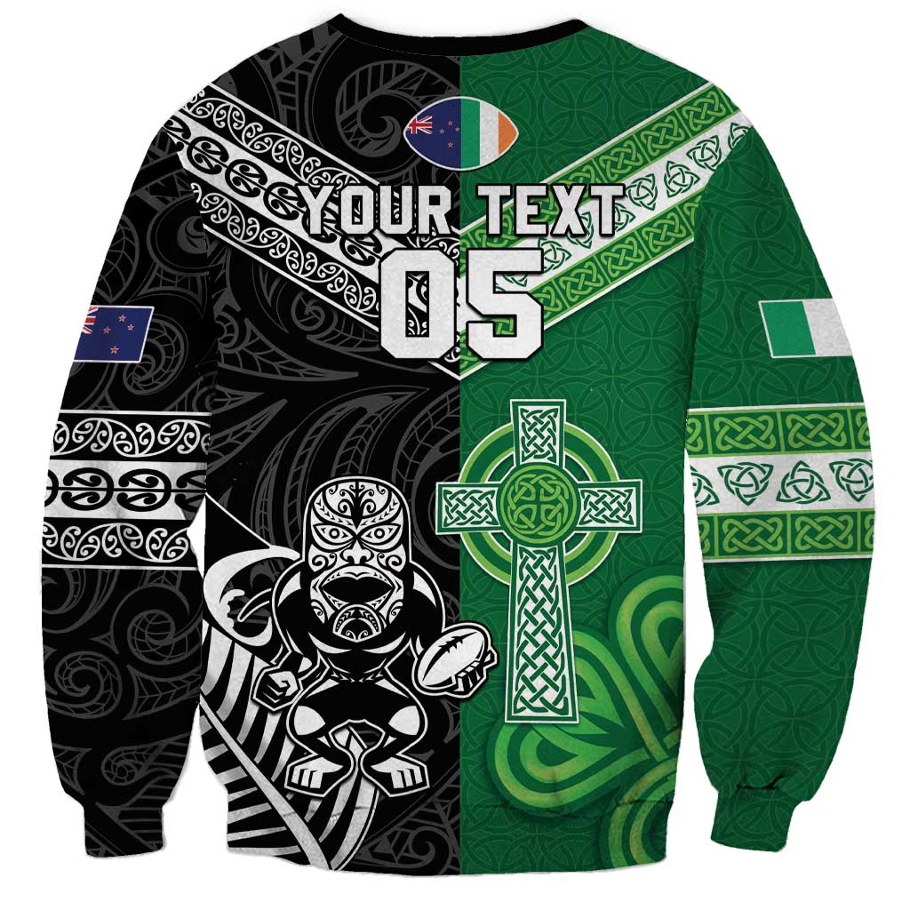 New Zealand And Ireland Rugby Custom Sweatshirt Maori Tiki With Shamrock