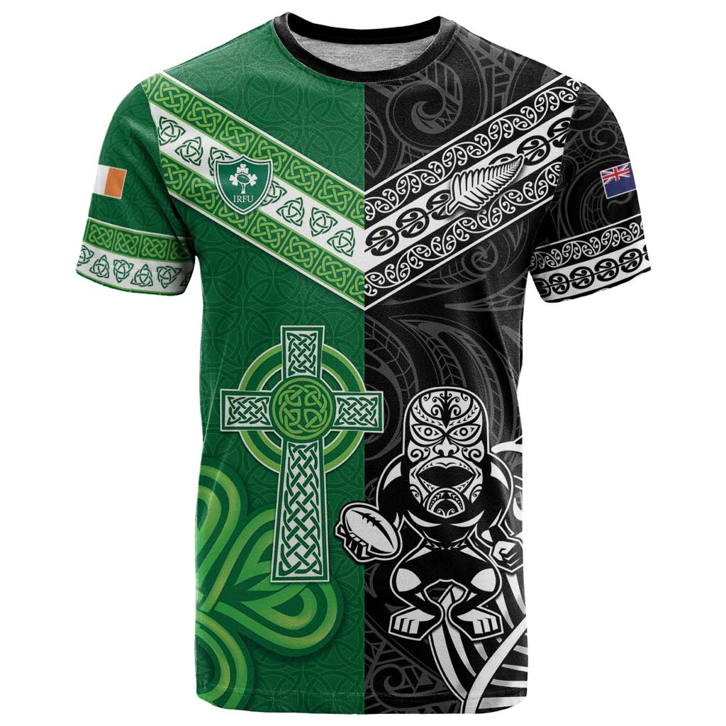 New Zealand And Ireland Rugby Custom T Shirt Maori Tiki With Shamrock