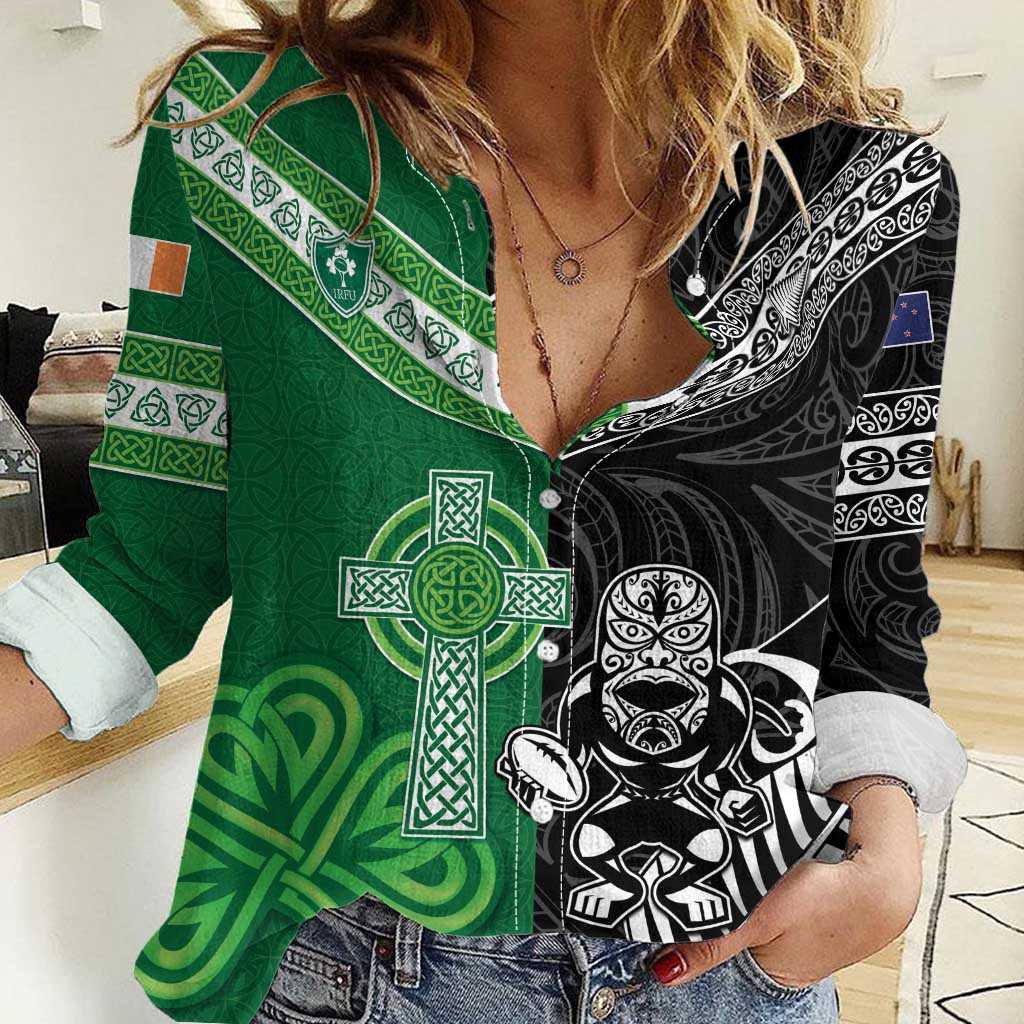New Zealand And Ireland Rugby Custom Women Casual Shirt Maori Tiki With Shamrock