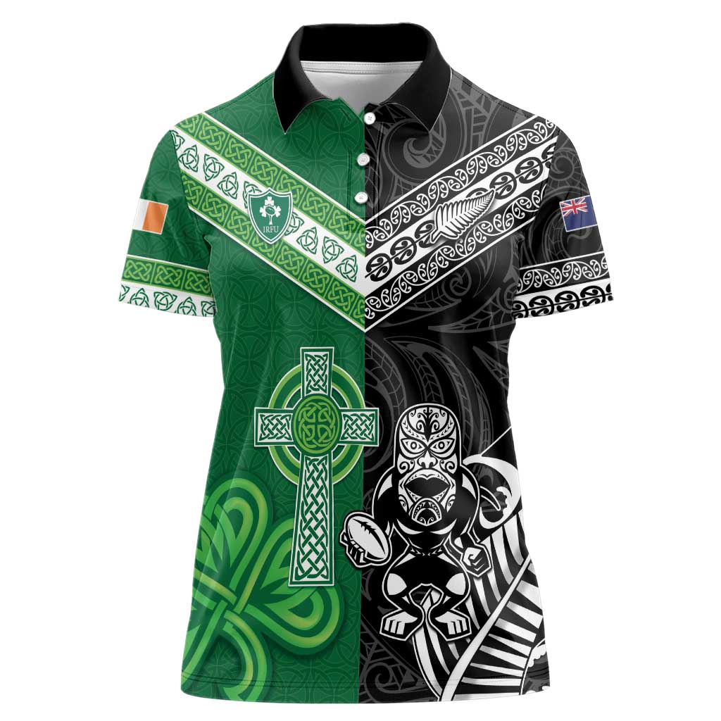 New Zealand And Ireland Rugby Custom Women Polo Shirt Maori Tiki With Shamrock