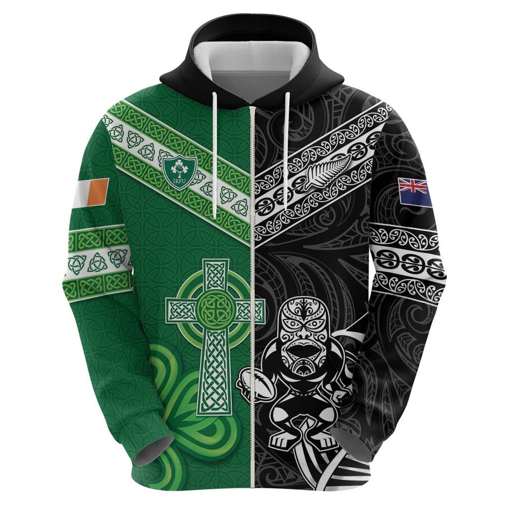 New Zealand And Ireland Rugby Custom Zip Hoodie Maori Tiki With Shamrock