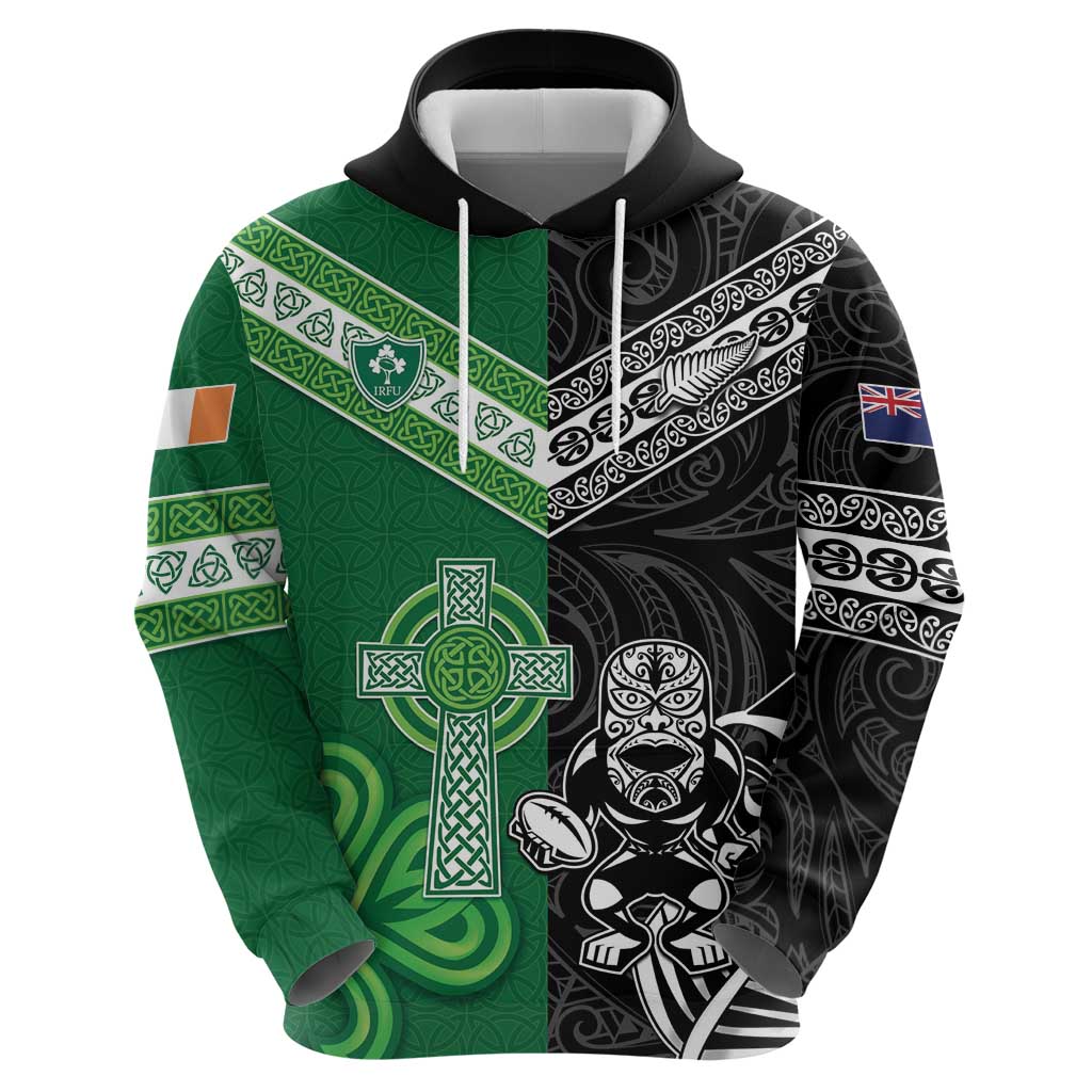 New Zealand And Ireland Rugby Custom Zip Hoodie Maori Tiki With Shamrock