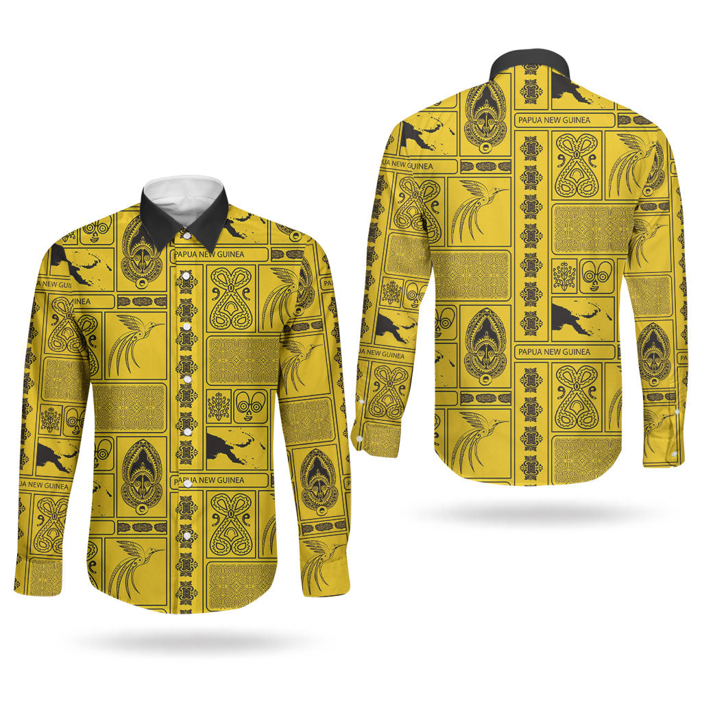 Papua New Guinea Heritage Motif Couples Matching Mermaid Dress and Long Sleeve Button Shirt Yellow Version LT05 - Polynesian Pride