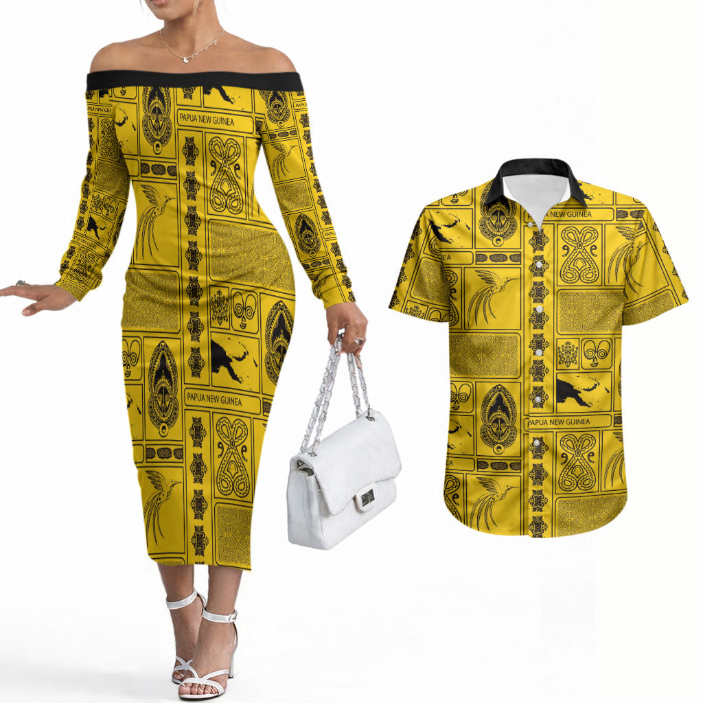 Papua New Guinea Heritage Motif Couples Matching Off The Shoulder Long Sleeve Dress and Hawaiian Shirt Yellow Version LT05 Yellow - Polynesian Pride