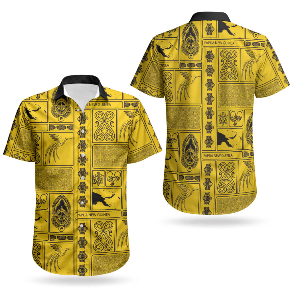Papua New Guinea Heritage Motif Couples Matching Off The Shoulder Long Sleeve Dress and Hawaiian Shirt Yellow Version LT05 - Polynesian Pride