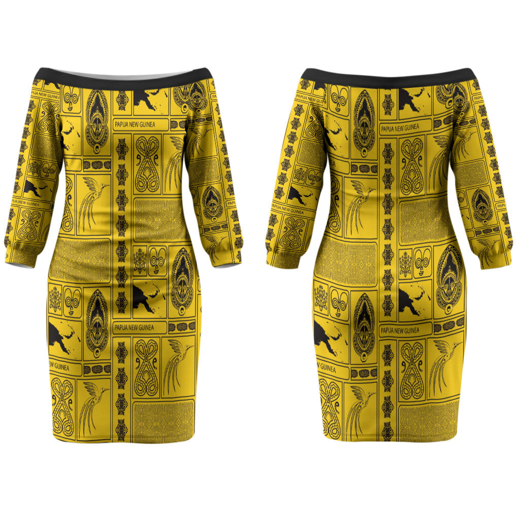 Papua New Guinea Heritage Motif Couples Matching Off The Shoulder Long Sleeve Dress and Hawaiian Shirt Yellow Version LT05 - Polynesian Pride