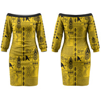 Papua New Guinea Heritage Motif Couples Matching Off The Shoulder Long Sleeve Dress and Hawaiian Shirt Yellow Version LT05 - Polynesian Pride