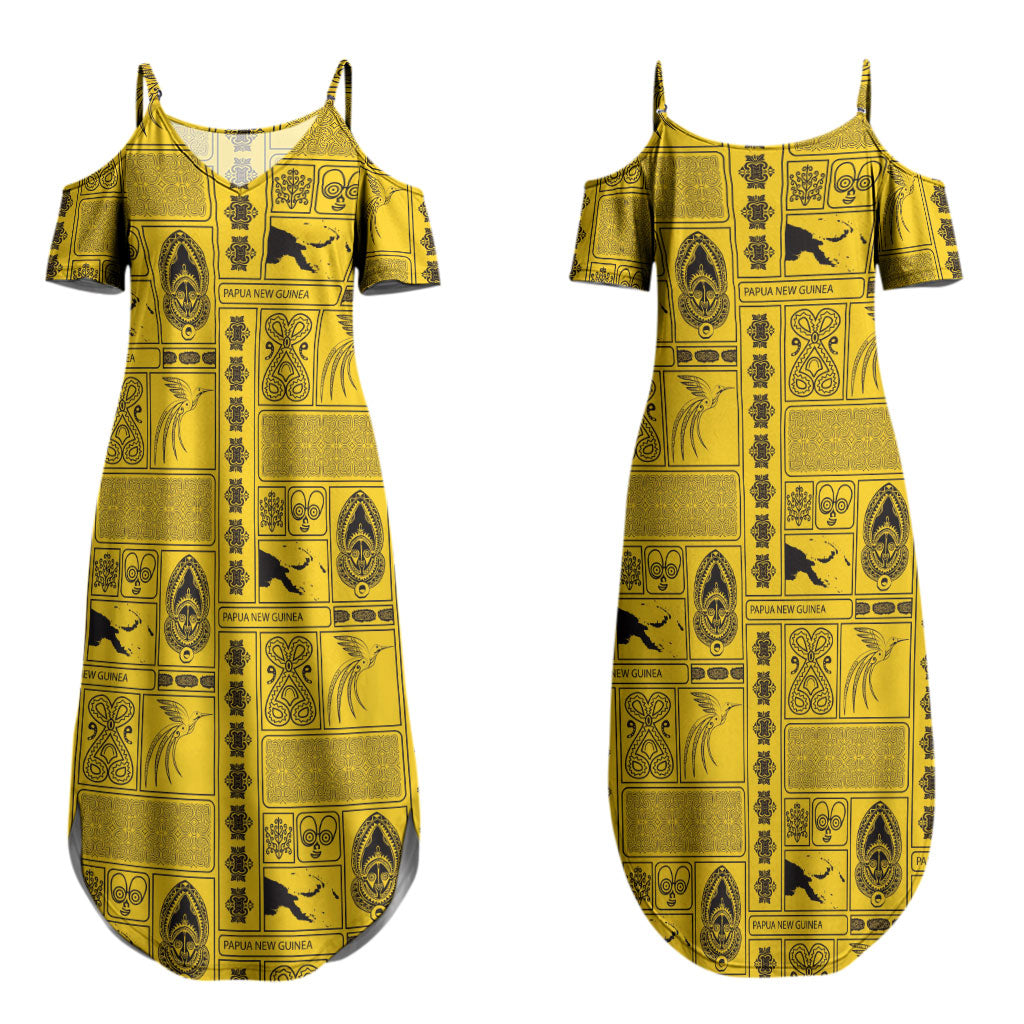Papua New Guinea Heritage Motif Couples Matching Summer Maxi Dress and Hawaiian Shirt Yellow Version LT05 - Polynesian Pride