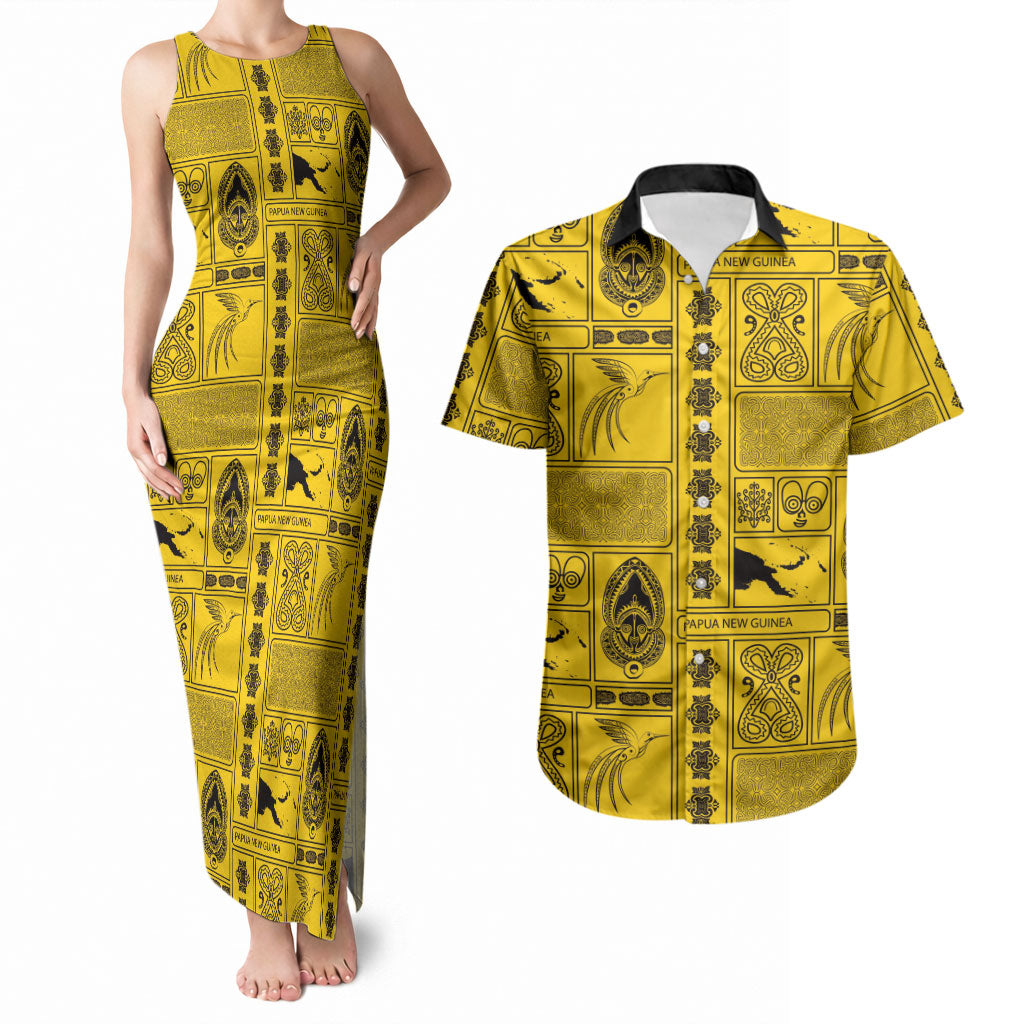 Papua New Guinea Heritage Motif Couples Matching Tank Maxi Dress and Hawaiian Shirt Yellow Version LT05 Yellow - Polynesian Pride