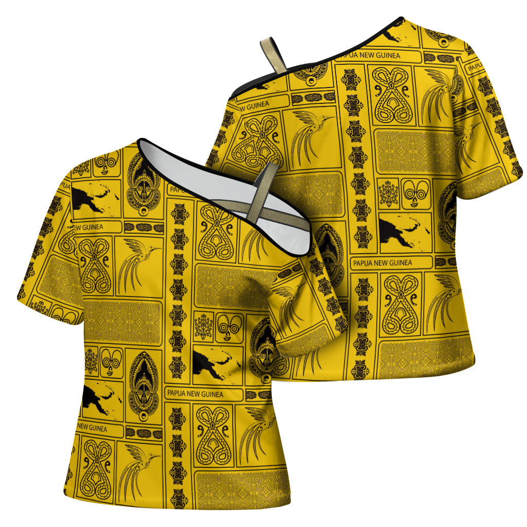 Papua New Guinea Heritage Motif Cross Shoulder Shirt Yellow Version LT05 - Polynesian Pride
