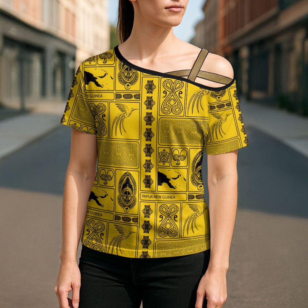Papua New Guinea Heritage Motif Cross Shoulder Shirt Yellow Version LT05 - Polynesian Pride