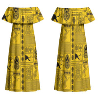 Papua New Guinea Heritage Motif Family Matching Off Shoulder Maxi Dress and Hawaiian Shirt Yellow Version LT05 Mom's Dress Yellow - Polynesian Pride