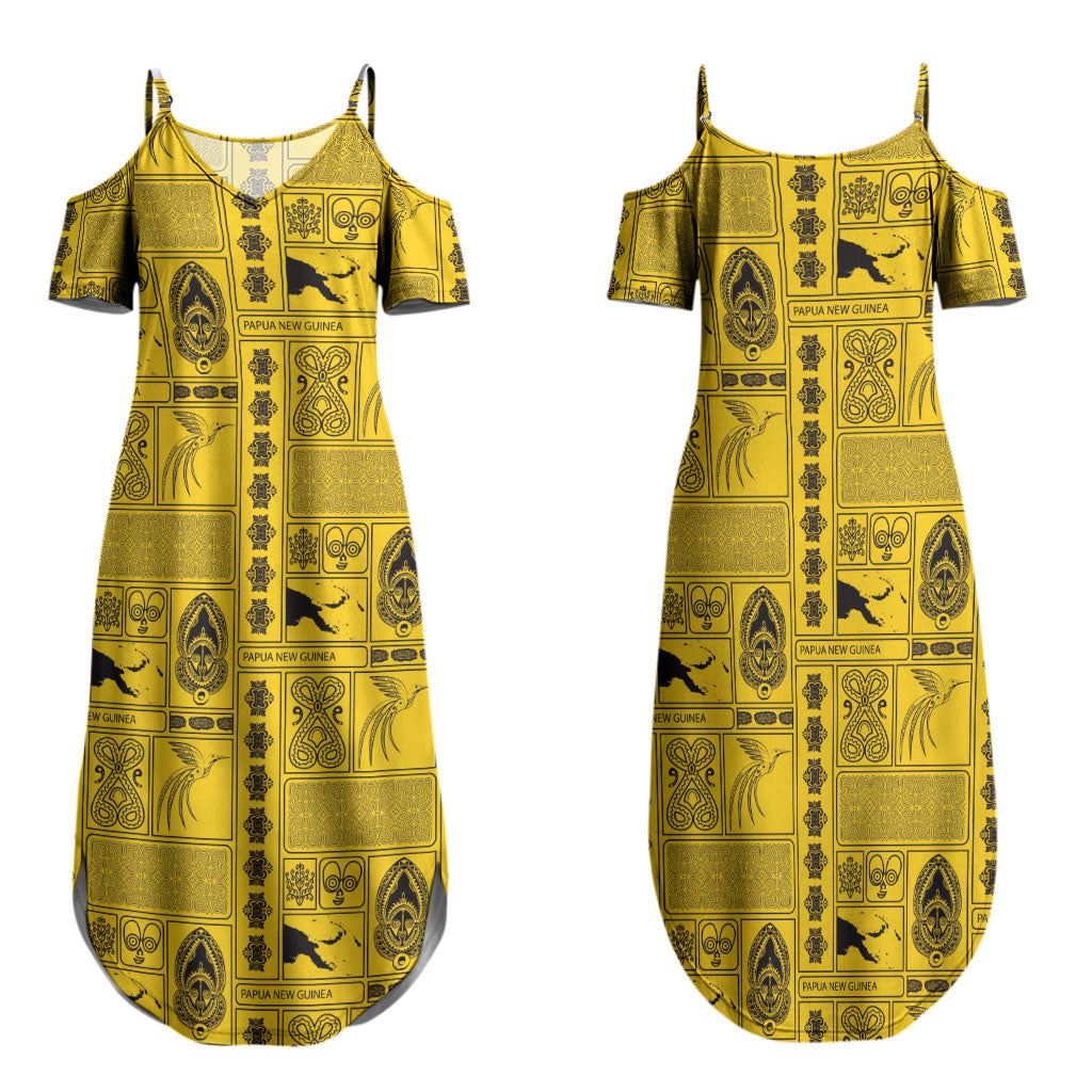 Papua New Guinea Heritage Motif Family Matching Summer Maxi Dress and Hawaiian Shirt Yellow Version LT05 Mom's Dress Yellow - Polynesian Pride