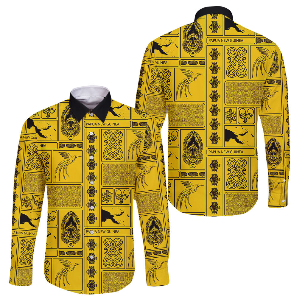 Papua New Guinea Heritage Motif Family Matching Summer Maxi Dress and Hawaiian Shirt Yellow Version LT05 Dad's Shirt - Long Sleeve Yellow - Polynesian Pride