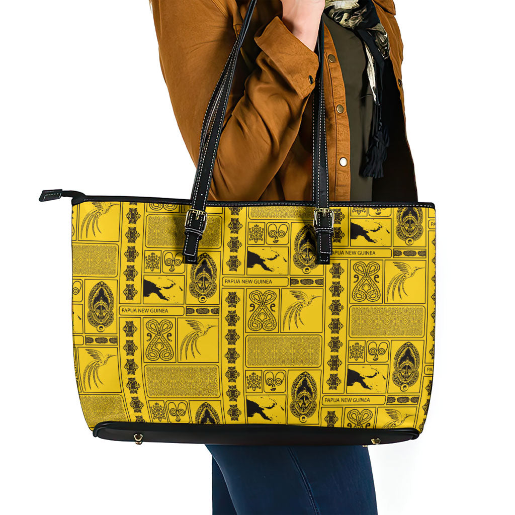 Papua New Guinea Heritage Motif Leather Tote Bag Yellow Version LT05 - Polynesian Pride