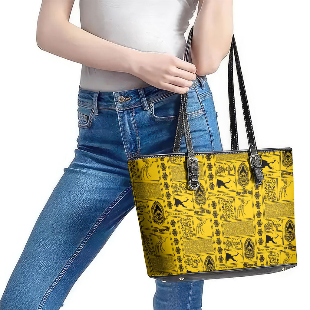 Papua New Guinea Heritage Motif Leather Tote Bag Yellow Version LT05 - Polynesian Pride