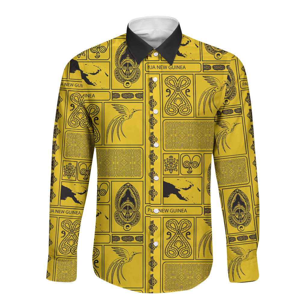 Papua New Guinea Heritage Motif Long Sleeve Button Shirt Yellow Version LT05 Unisex Yellow - Polynesian Pride
