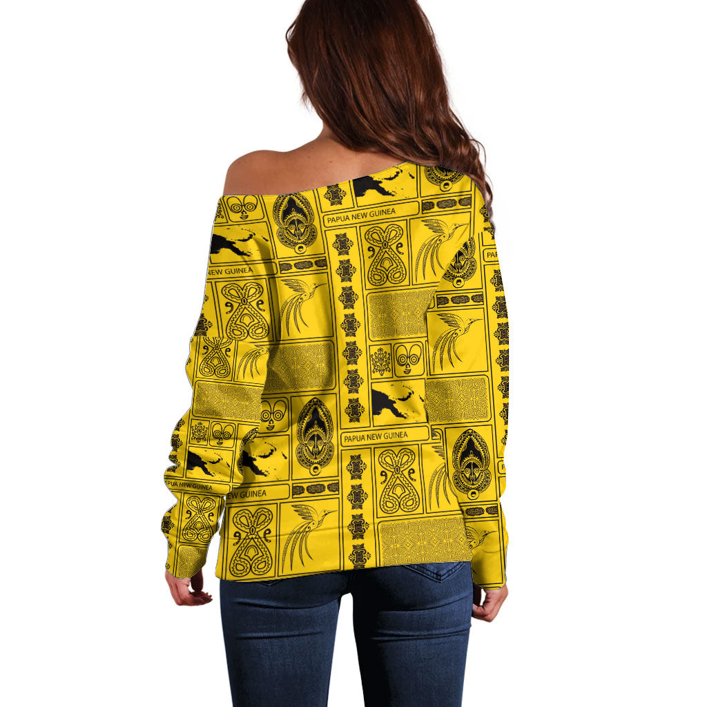 Papua New Guinea Heritage Motif Off Shoulder Sweater Yellow Version LT05 - Polynesian Pride