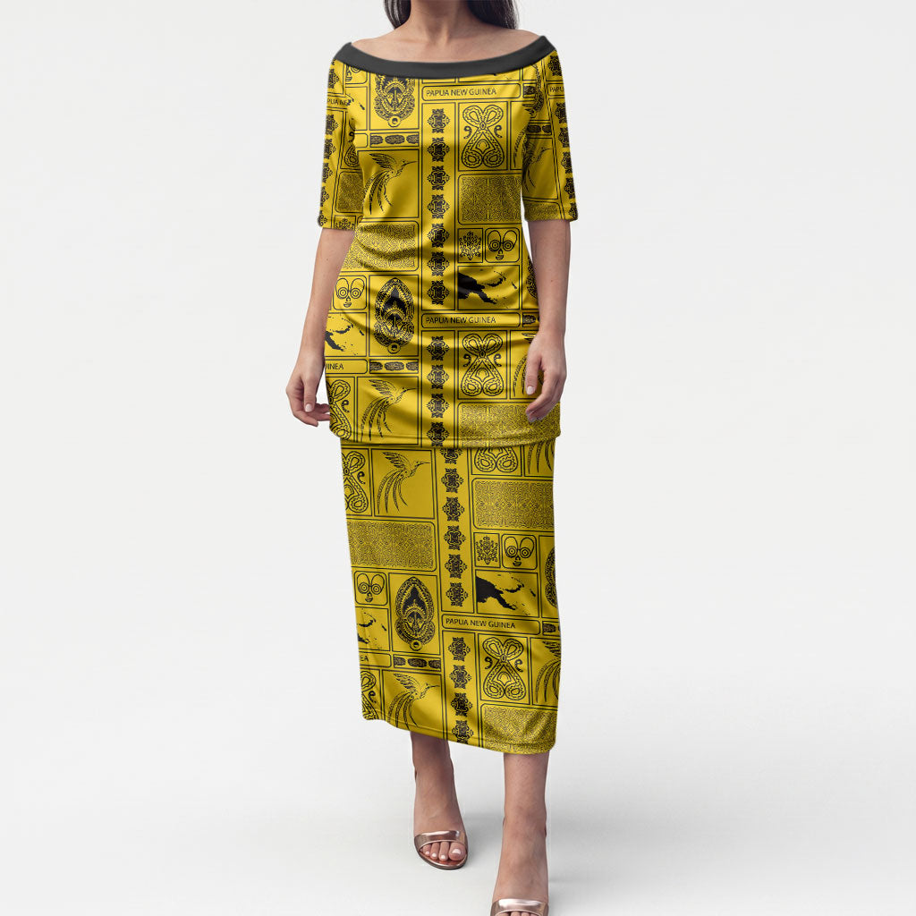 Papua New Guinea Heritage Motif Puletasi Yellow Version LT05 Long Dress Yellow - Polynesian Pride