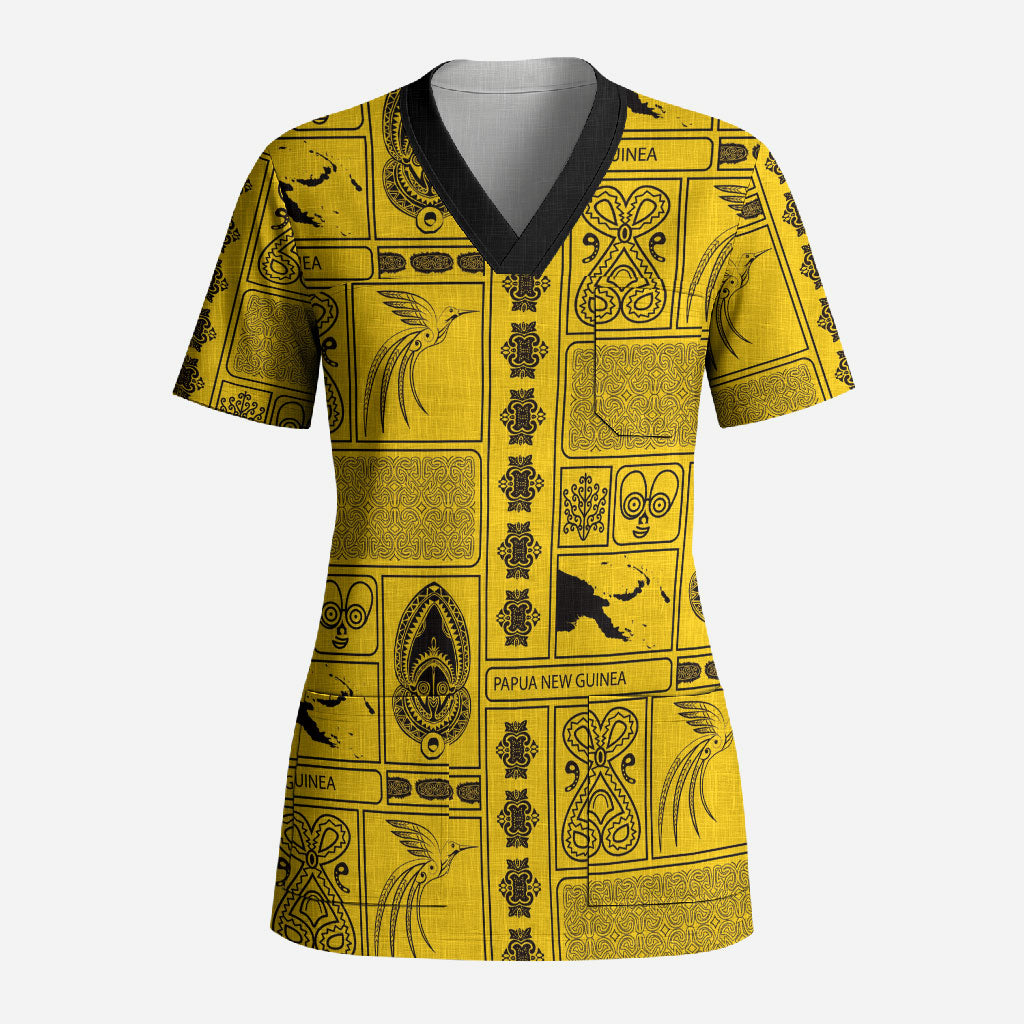 Papua New Guinea Heritage Motif Scrub Top Yellow Version LT05 Adult Yellow - Polynesian Pride