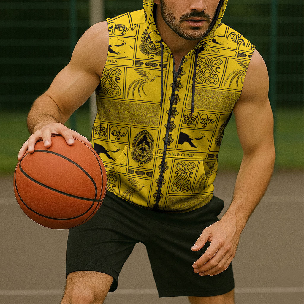Papua New Guinea Heritage Motif Sleeveless Zip Hoodie Yellow Version LT05 - Polynesian Pride
