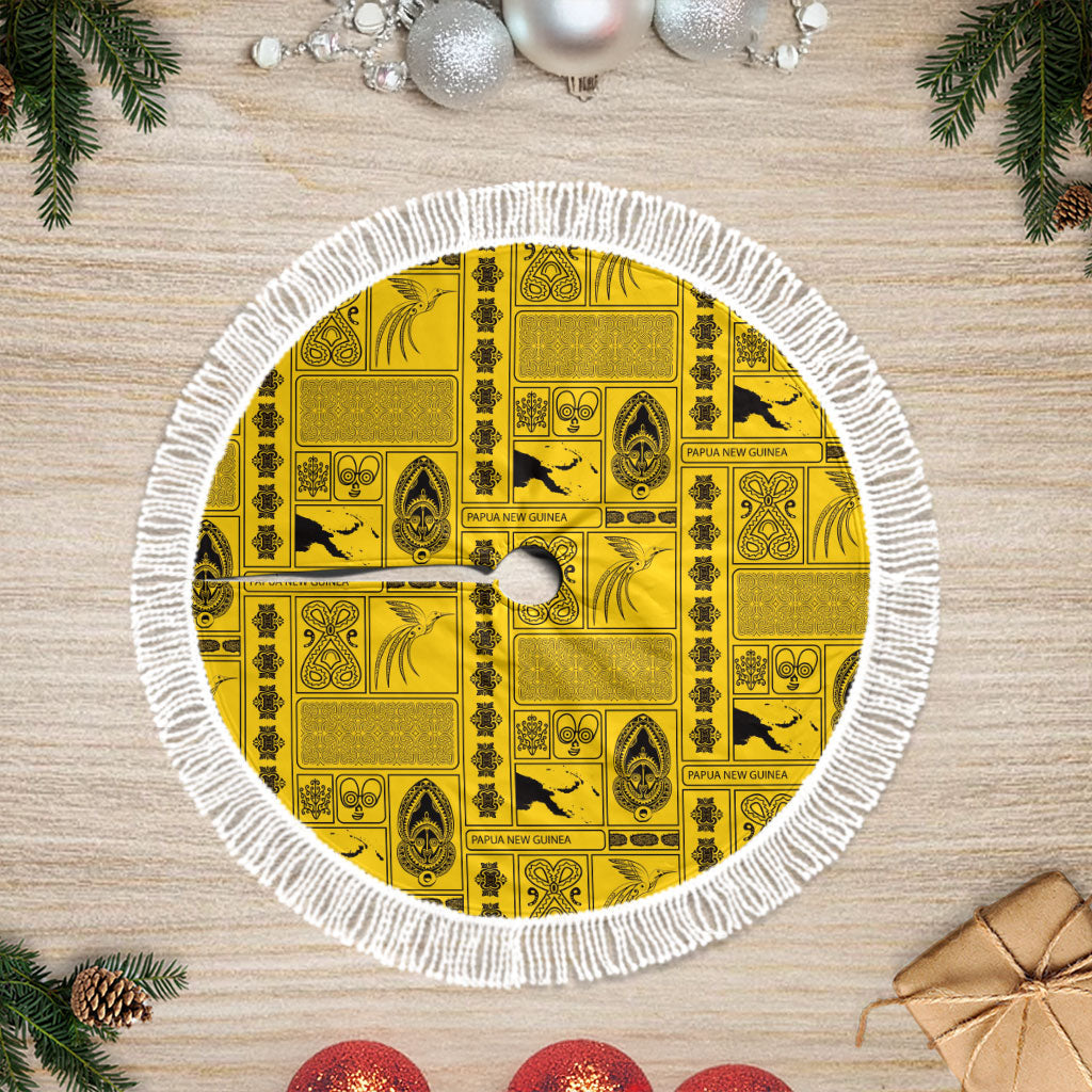 Papua New Guinea Heritage Motif Tree Skirt Yellow Version LT05 Fringed Yellow - Polynesian Pride