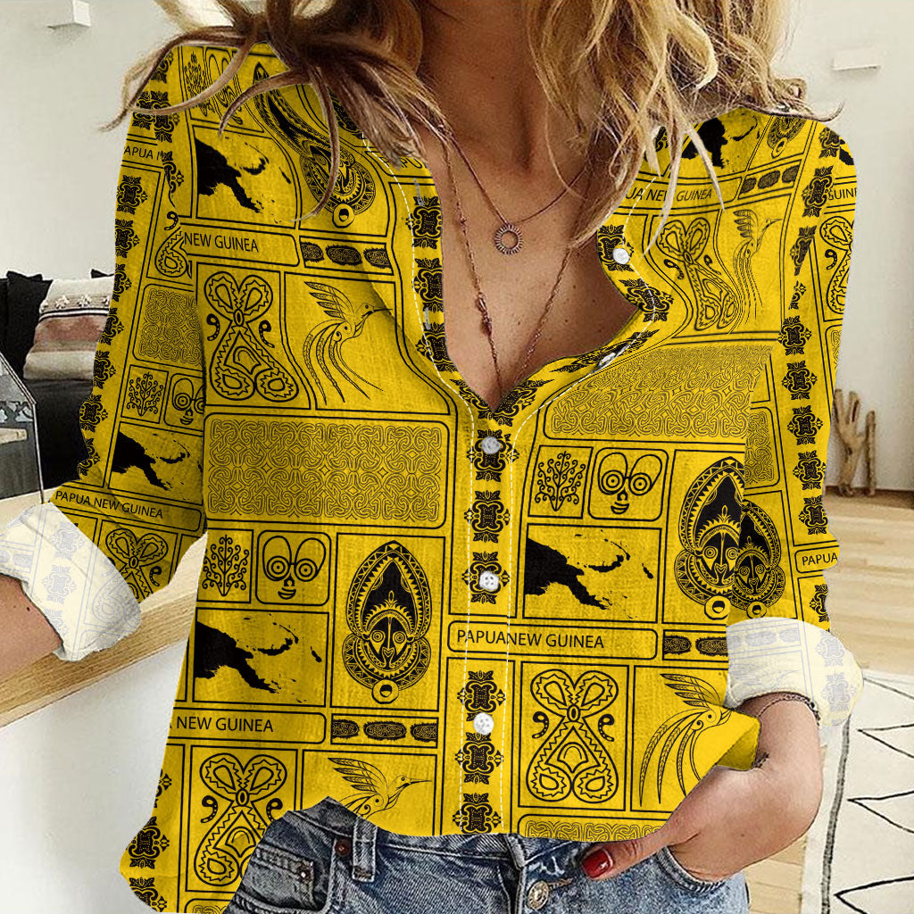 Papua New Guinea Heritage Motif Women Casual Shirt Yellow Version LT05 Female Yellow - Polynesian Pride