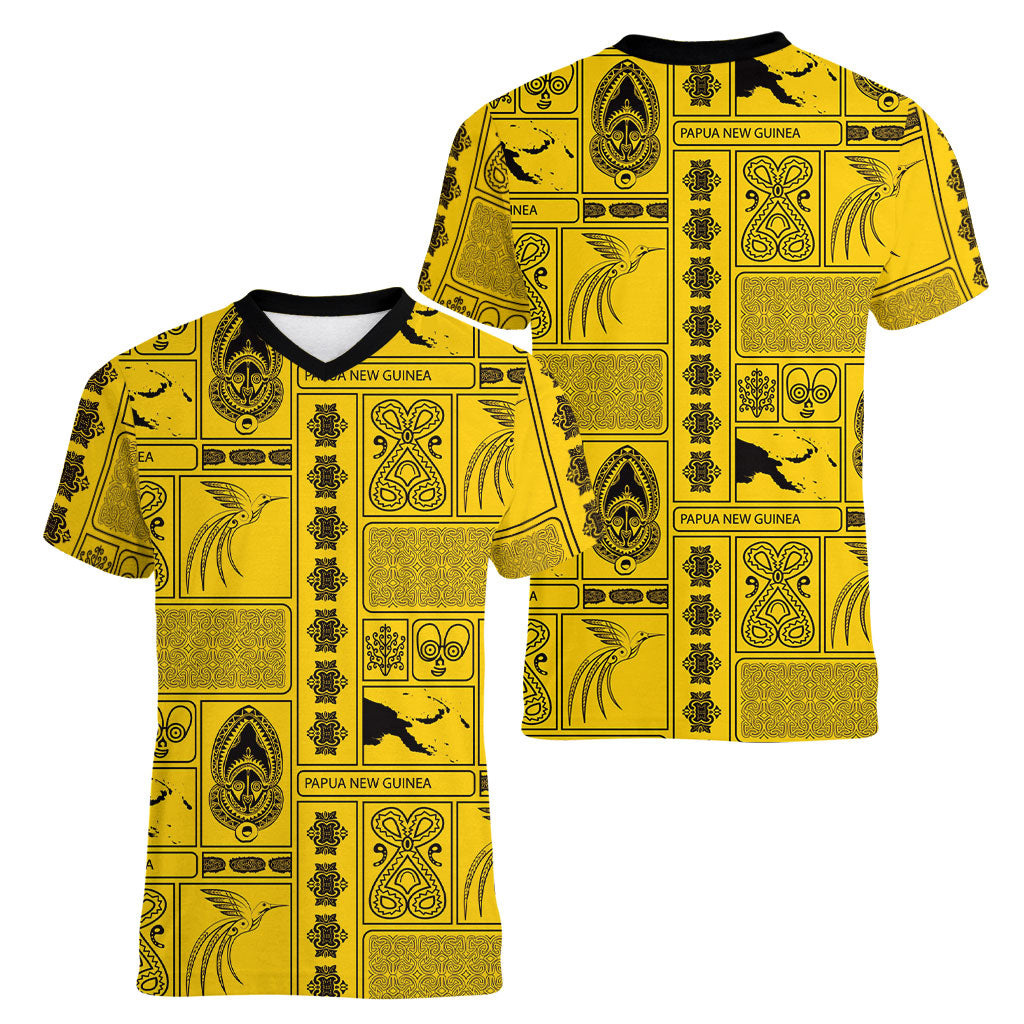 Papua New Guinea Heritage Motif Women V-Neck T-Shirt Yellow Version LT05 - Polynesian Pride