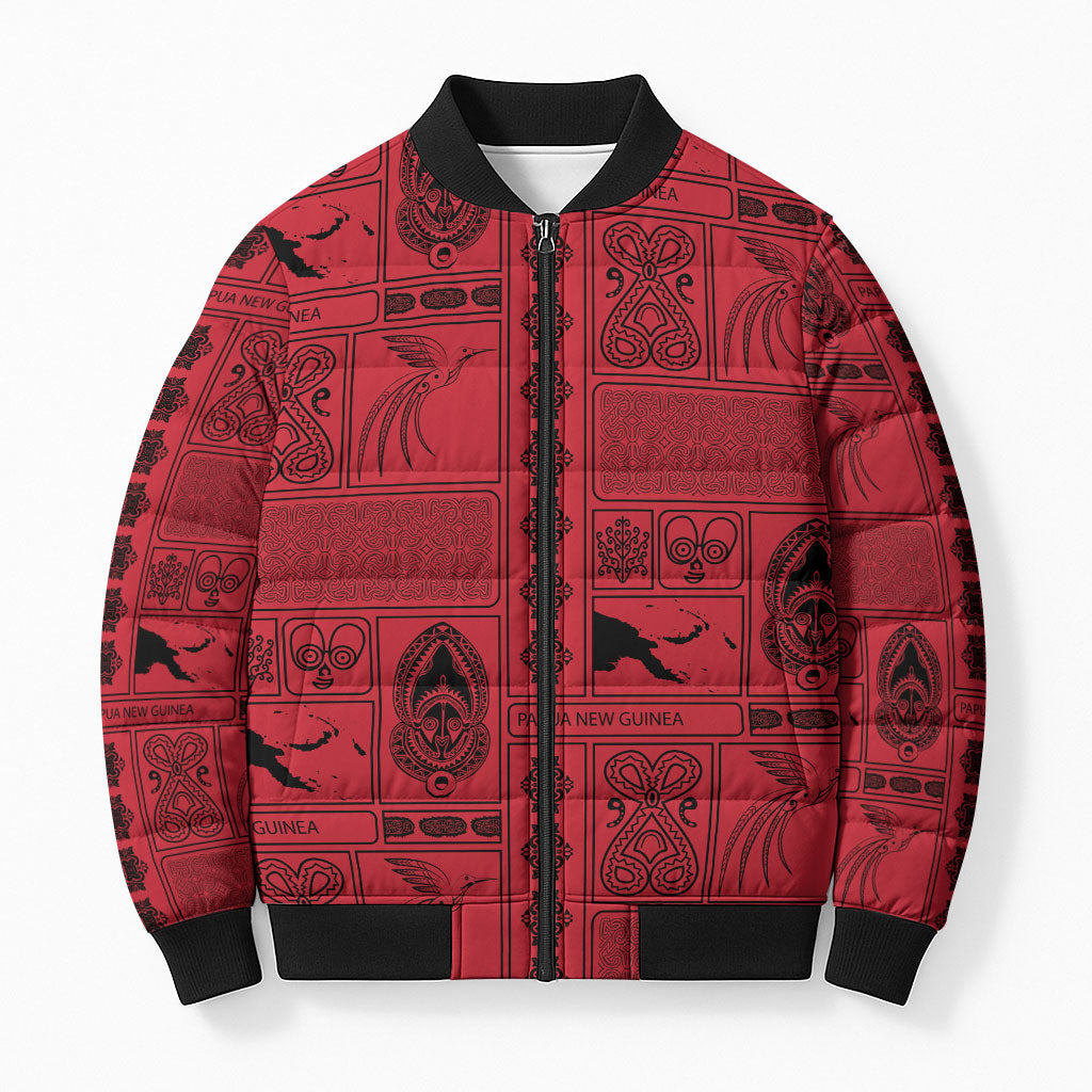 Papua New Guinea Heritage Motif Bomber Puffer Jacket Red Version LT05 Unisex Red - Polynesian Pride
