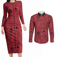 Papua New Guinea Heritage Motif Couples Matching Long Sleeve Bodycon Dress and Long Sleeve Button Shirt Red Version LT05 Red - Polynesian Pride