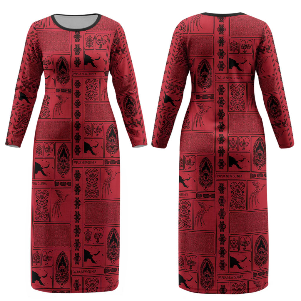 Papua New Guinea Heritage Motif Couples Matching Long Sleeve Bodycon Dress and Long Sleeve Button Shirt Red Version LT05 - Polynesian Pride