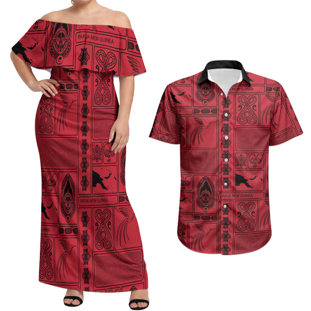 Papua New Guinea Heritage Motif Couples Matching Off Shoulder Maxi Dress and Hawaiian Shirt Red Version LT05 Red - Polynesian Pride